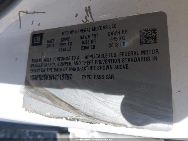 2017 Buick Verano Sport Touring მანქანა იყიდება აუქციონზე, vin: 1G4PR5SK9H4113767, აუქციონის ნომერი: 45538450