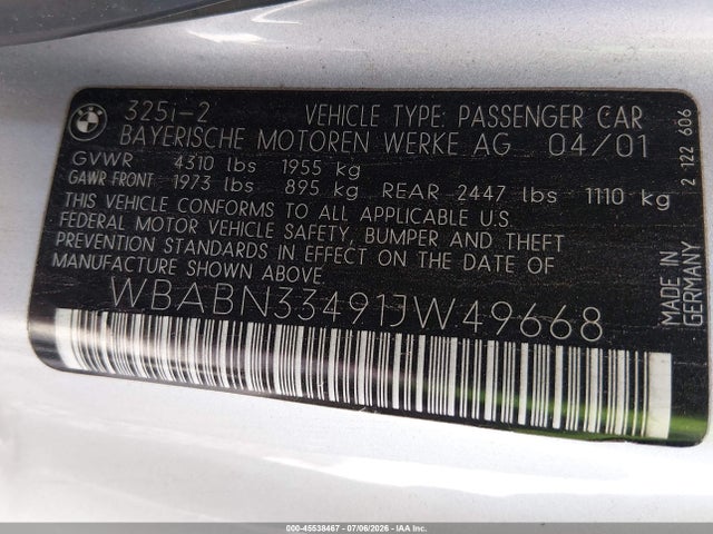 45538467 :رقم المزاد ، WBABN33491JW49668 vin ، 2001 Bmw 325ci مزاد بيع