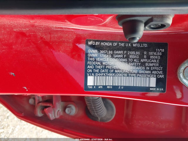 2019 Honda Civic Sport Touring მანქანა იყიდება აუქციონზე, vin: SHHFK7H96KU206216, აუქციონის ნომერი: 45538468