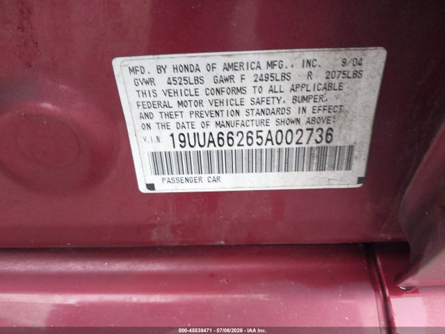 Aukcja sprzedaży 2005 Acura Tl, vin: 19UUA66265A002736, numer aukcji: 45538471