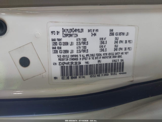 45538474 :رقم المزاد ، 2C4GP44R15R138184 vin ، 2005 Chrysler Town & Country Lx مزاد بيع