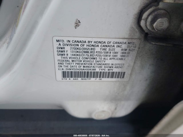 2010 Acura Mdx მანქანა იყიდება აუქციონზე, vin: 2HNYD2H26AH504388, აუქციონის ნომერი: 45538505