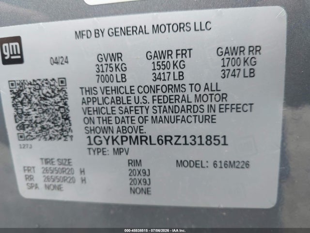 2024 Cadillac Lyriq Tech W/1sa მანქანა იყიდება აუქციონზე, vin: 1GYKPMRL6RZ131851, აუქციონის ნომერი: 45538515