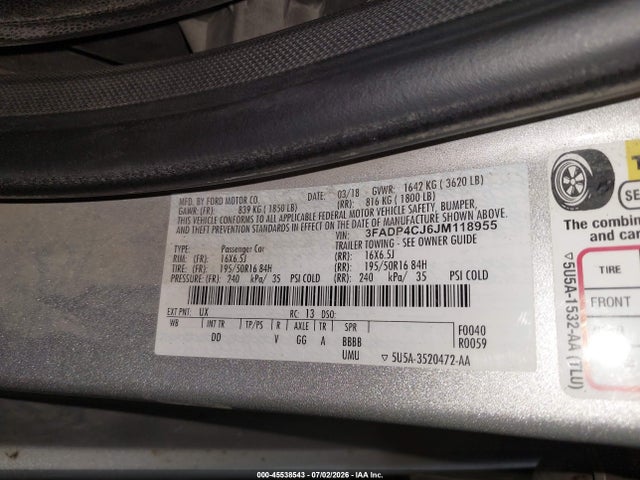 Продажа на аукционе авто 2018 Ford Fiesta Titanium, vin: 3FADP4CJ6JM118955, номер лота: 45538543