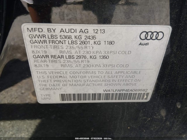45538546 :رقم المزاد ، WA1LFAFP4EA069582 vin ، 2014 Audi Q5 2.0t Premium مزاد بيع