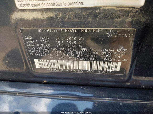45538550 :رقم المزاد ، 4S3BMCC6XC3016045 vin ، 2012 Subaru Legacy 2.5i Premium مزاد بيع