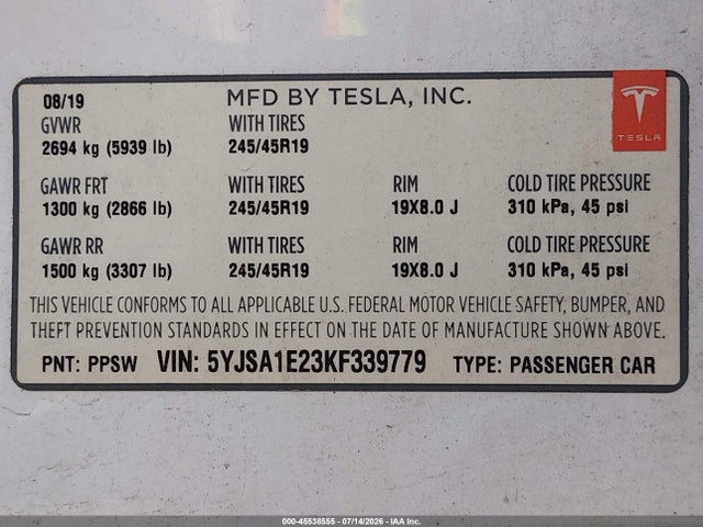Tesla Model S 100d/75d/long Range/standard Range 2019 5YJSA1E23KF339779 Image 9