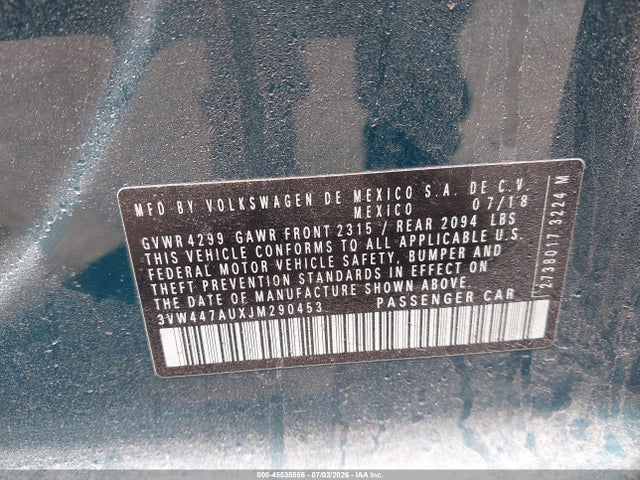 45538556 :رقم المزاد ، 3VW447AUXJM290453 vin ، 2018 Volkswagen Golf Gti 2.0t Autobahn/2.0t S/2.0t Se مزاد بيع
