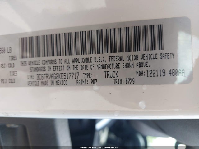 Aukcja sprzedaży 2019 Ram Promaster 1500 Low Roof 136 Wb, vin: 3C6TRVAG2KE517717, numer aukcji: 45538566
