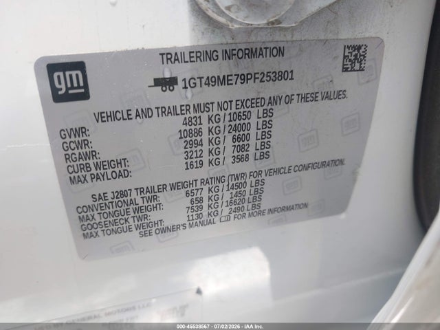 Aukcja sprzedaży 2023 Gmc Sierra 2500hd 4wd  Standard Bed Sle, vin: 1GT49ME79PF253801, numer aukcji: 45538567