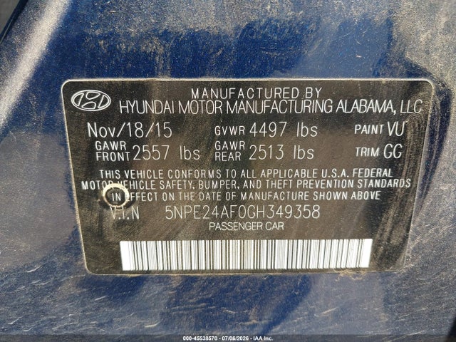 Hyundai SONATA SE 2016 5NPE24AF0GH349358 Image 9