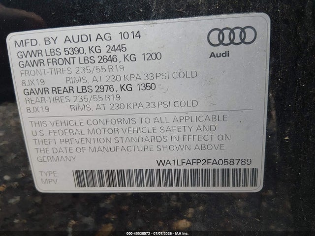 Aukcja sprzedaży 2015 Audi Q5 2.0t Premium, vin: WA1LFAFP2FA058789, numer aukcji: 45538572