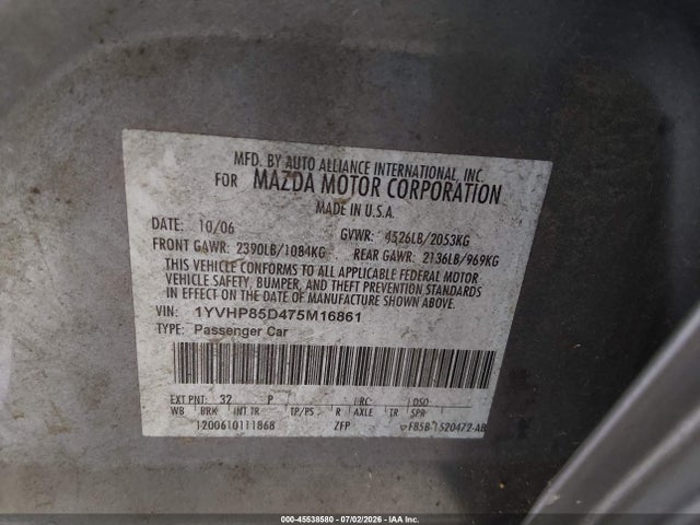 Aukcja sprzedaży 2007 Mazda Mazda6 S Grand Touring, vin: 1YVHP85D475M16861, numer aukcji: 45538580