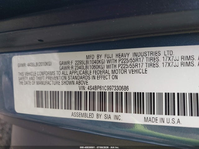 45538581 :رقم المزاد ، 4S4BP61C997330686 vin ، 2009 Subaru Outback 2.5i مزاد بيع