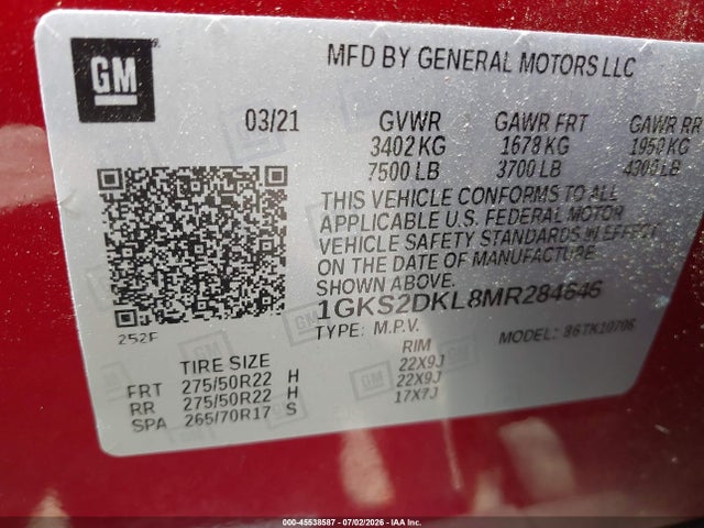 Продаж на аукціоні авто 2021 Gmc Yukon 4wd Denali, vin: 1GKS2DKL8MR284646, номер лоту: 45538587
