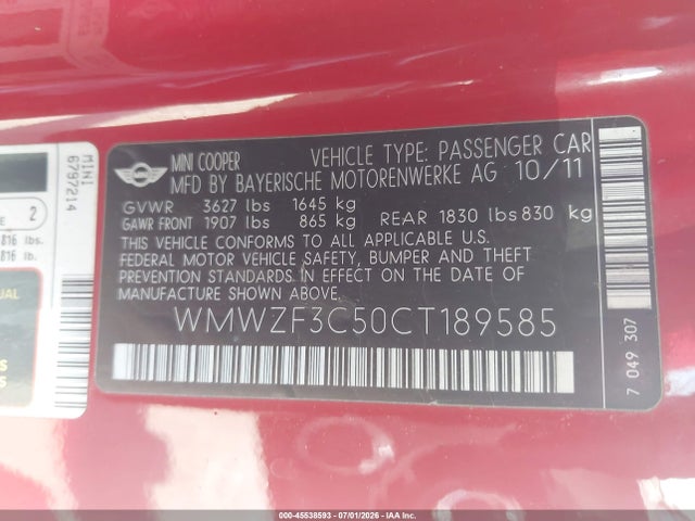 Aukcja sprzedaży 2012 Mini Cooper Clubman, vin: WMWZF3C50CT189585, numer aukcji: 45538593