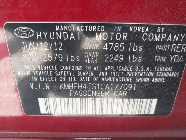 Продаж на аукціоні авто 2012 Hyundai Azera, vin: KMHFH4JG1CA177091, номер лоту: 45538615