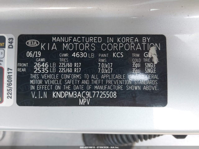 45538618 :رقم المزاد ، KNDPM3AC9L7725508 vin ، 2020 Kia Sportage Lx مزاد بيع
