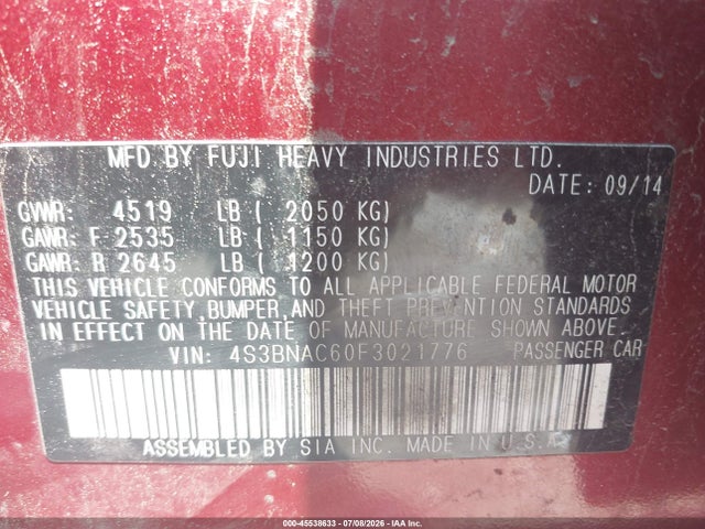 Aukcja sprzedaży 2015 Subaru Legacy 2.5i Premium, vin: 4S3BNAC60F3021776, numer aukcji: 45538633