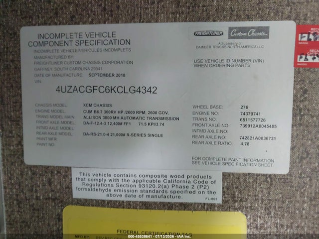 Freightliner Chassis Xc 2019 4UZACGFC6KCLG4342 Image 9