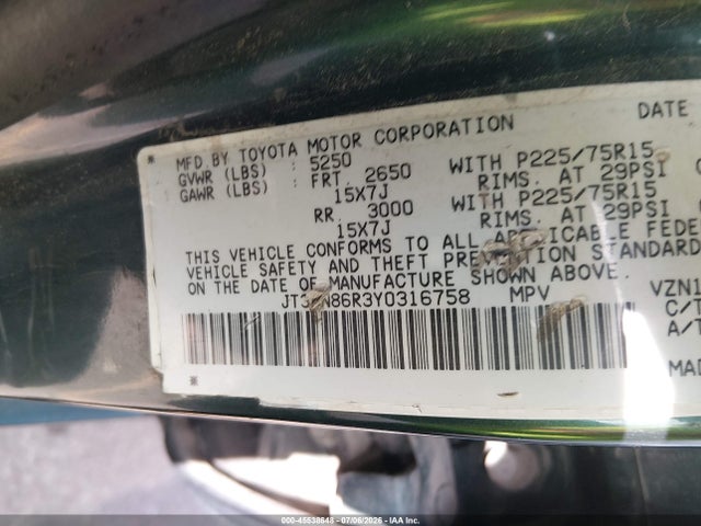 45538648 :رقم المزاد ، JT3HN86R3Y0316758 vin ، 2000 Toyota 4runner Sr5 V6 مزاد بيع