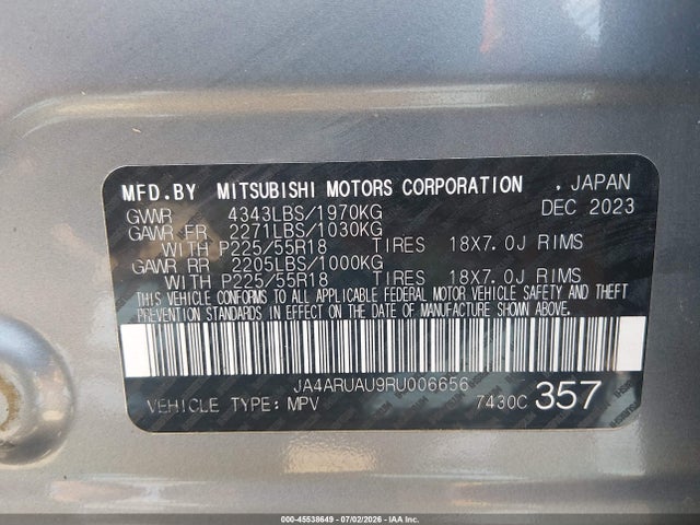 Aukcja sprzedaży 2024 Mitsubishi Outlander Sport 2.0 Es Awc, vin: JA4ARUAU9RU006656, numer aukcji: 45538649