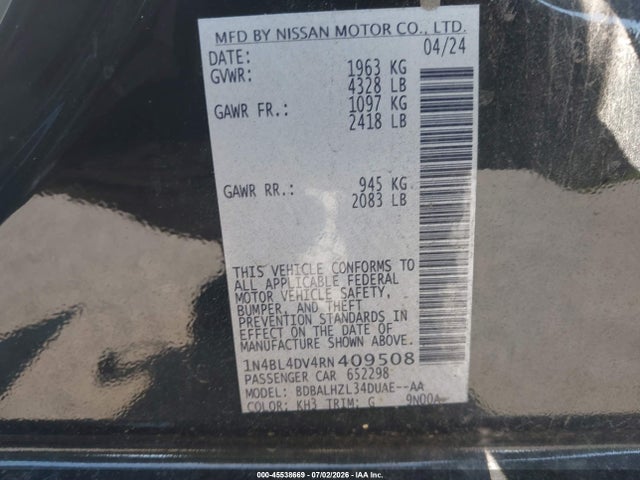 Продажа на аукционе авто 2024 Nissan Altima Sv Fwd, vin: 1N4BL4DV4RN409508, номер лота: 45538669