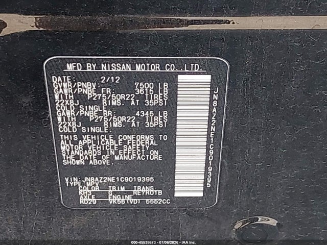 45538673 :رقم المزاد ، JN8AZ2NE1C9019395 vin ، 2012 Infiniti Qx56 مزاد بيع