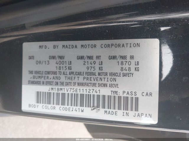 45538681 :رقم المزاد ، JM1BM1V75E1112741 vin ، 2014 Mazda Mazda3 I Touring مزاد بيع