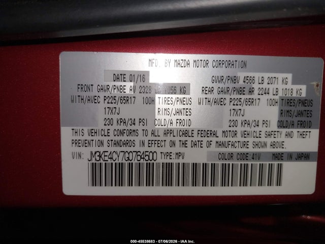 Auction sale of the 2016 Mazda Cx-5 Touring, vin: JM3KE4CY7G0764500, lot number: 45538683