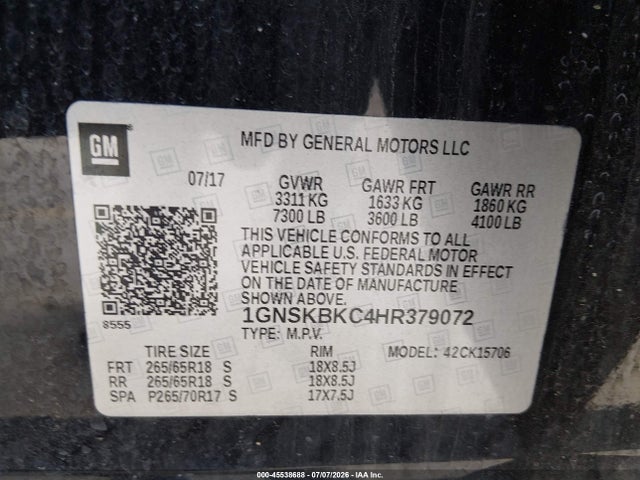 Продажа на аукционе авто 2017 Chevrolet Tahoe Lt, vin: 1GNSKBKC4HR379072, номер лота: 45538688
