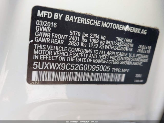 Продажа на аукционе авто 2016 Bmw X3 Xdrive28i, vin: 5UXWX9C52G0D95005, номер лота: 45538691