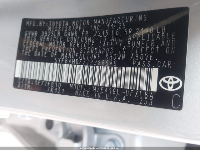 Auction sale of the 2026 Toyota Corolla Le, vin: 5YFB4MDE7TP388946, lot number: 45538694