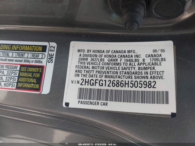 Продаж на аукціоні авто 2006 Honda Civic Lx, vin: 2HGFG12686H505982, номер лоту: 45538712