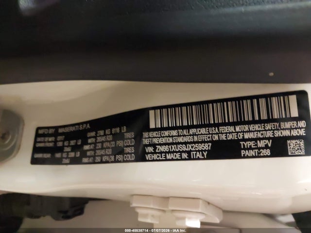 Продажа на аукционе авто 2018 Maserati Levante Gransport, vin: ZN661XUS9JX259587, номер лота: 45538714