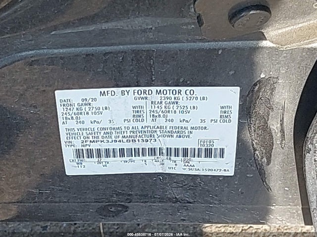 Ford EDGE SEL 2020 2FMPK3J94LBB13973 Image 9