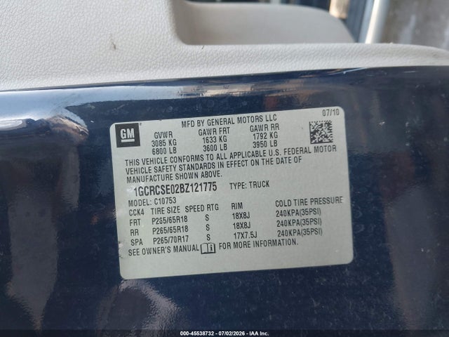 Aukcja sprzedaży 2011 Chevrolet Silverado 1500 Lt, vin: 1GCRCSE02BZ121775, numer aukcji: 45538732