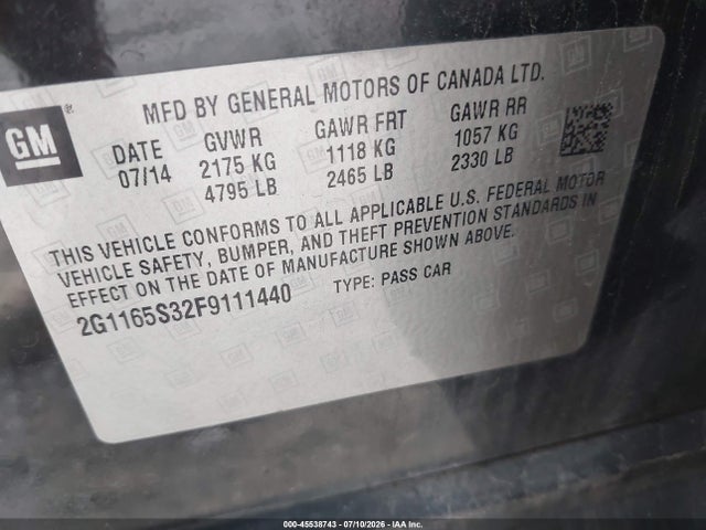 Aukcja sprzedaży 2015 Chevrolet Impala 2lz, vin: 2G1165S32F9111440, numer aukcji: 45538743