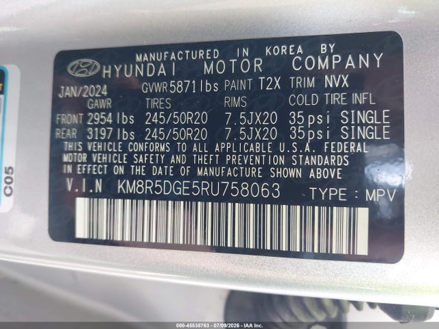 45538763 :رقم المزاد ، KM8R5DGE5RU758063 vin ، 2024 Hyundai Palisade Limited مزاد بيع