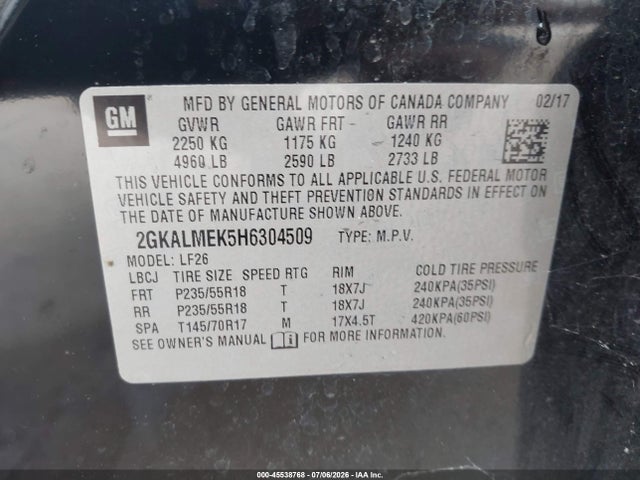 45538768 :رقم المزاد ، 2GKALMEK5H6304509 vin ، 2017 Gmc Terrain Sle-1 مزاد بيع