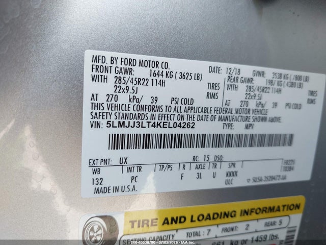 2019 Lincoln Navigator L Reserve მანქანა იყიდება აუქციონზე, vin: 5LMJJ3LT4KEL04262, აუქციონის ნომერი: 45538780