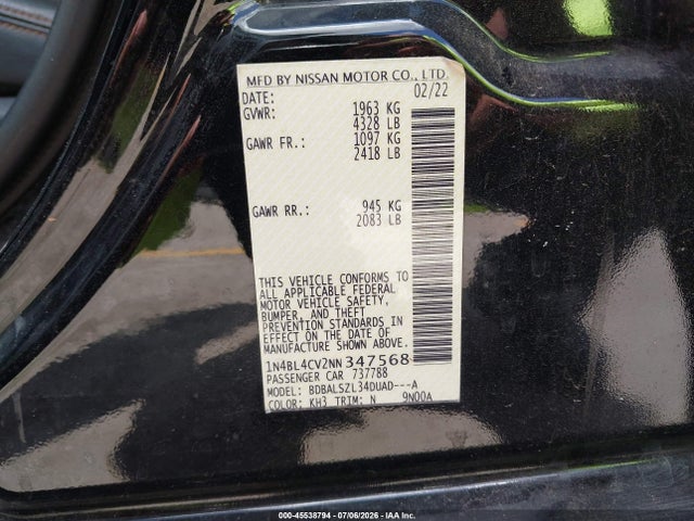 Aukcja sprzedaży 2022 Nissan Altima Sr Fwd, vin: 1N4BL4CV2NN347568, numer aukcji: 45538794