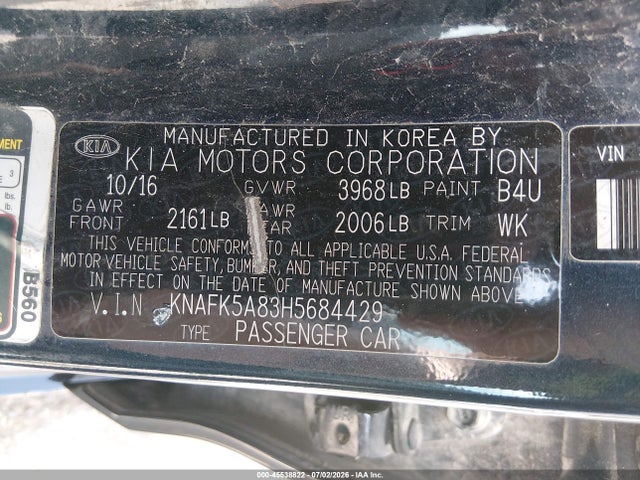 45538822 :رقم المزاد ، KNAFK5A83H5684429 vin ، 2017 Kia Forte Lx مزاد بيع