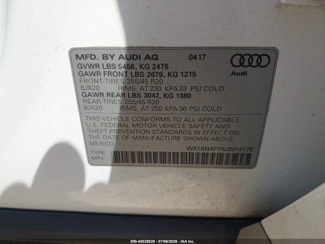 Aukcja sprzedaży 2018 Audi Q5 2.0t Premium/2.0t Tech Premium, vin: WA1BNAFY8J2014175, numer aukcji: 45538829