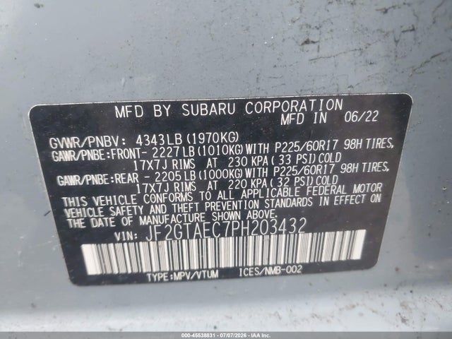 Aukcja sprzedaży 2023 Subaru Crosstrek Premium, vin: JF2GTAEC7PH203432, numer aukcji: 45538831