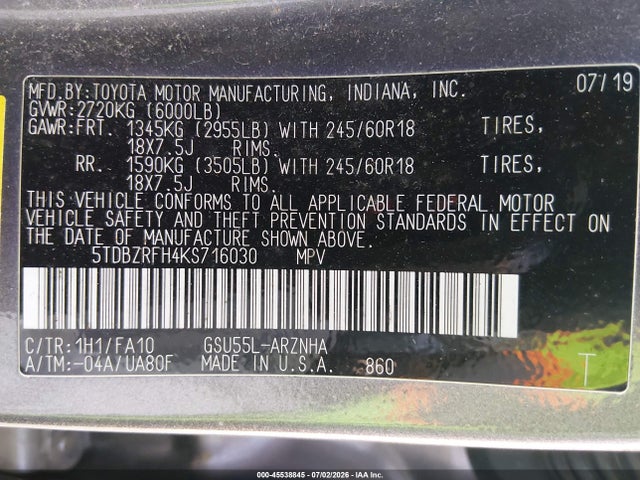 Toyota Highlander Le Plus 2019 5TDBZRFH4KS716030 Image 9