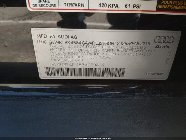 45538852 :رقم المزاد ، WAUBFAFM8BA079614 vin ، 2011 Audi A3 2.0t Premium مزاد بيع