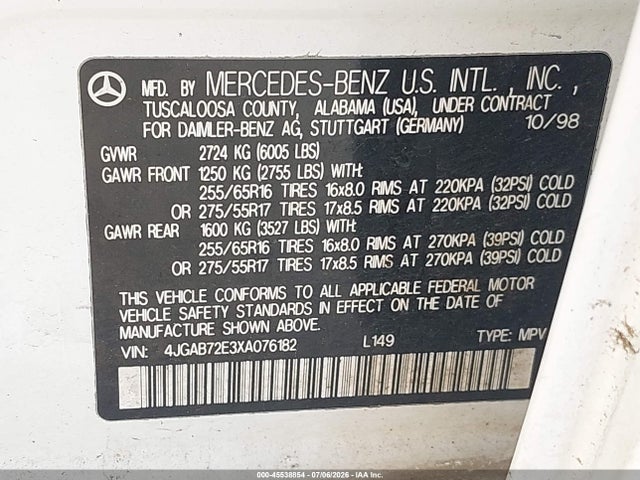 1999 Mercedes-benz Ml 430 მანქანა იყიდება აუქციონზე, vin: 4JGAB72E3XA076182, აუქციონის ნომერი: 45538854