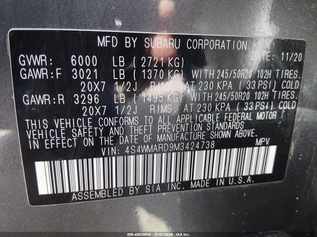 45538858 :رقم المزاد ، 4S4WMARD9M3424738 vin ، 2021 Subaru Ascent Touring مزاد بيع