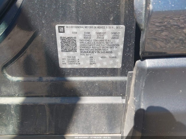 45538867 :رقم المزاد ، 3GNAXUEV7KS614655 vin ، 2019 Chevrolet Equinox Lt مزاد بيع